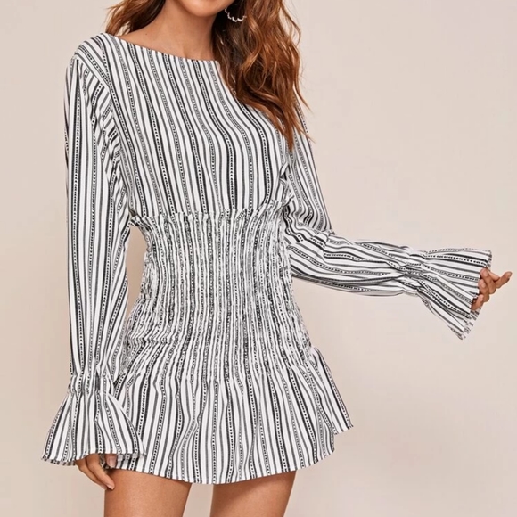 Dresses & Skirts - BOAT NECK SHIRRED WAIST FRILL TRIM STRIPED DRESS